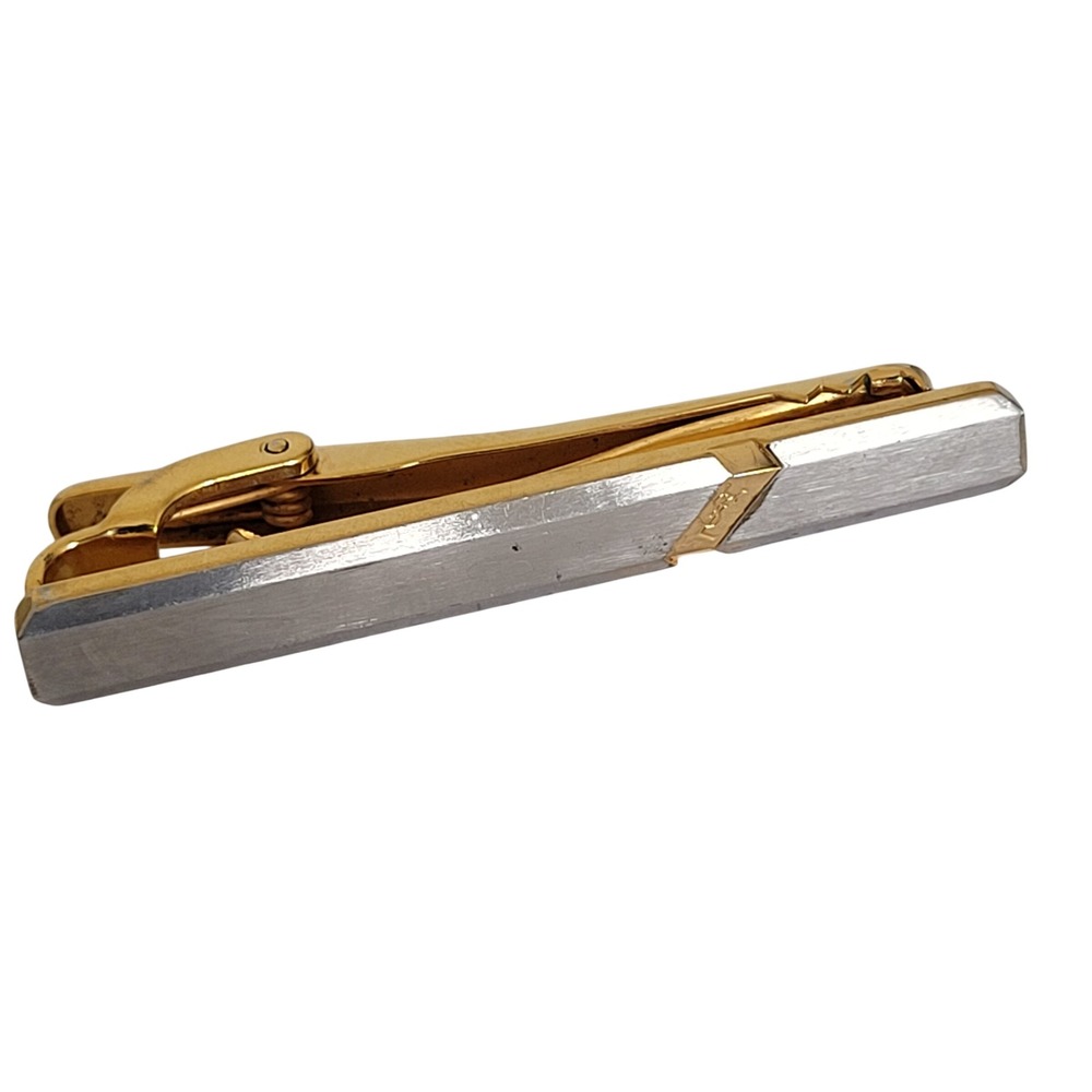 Yves Saint Laurent Vintage Tie Bar Two Tone Gold Silver Logo Alligator Clip 2in